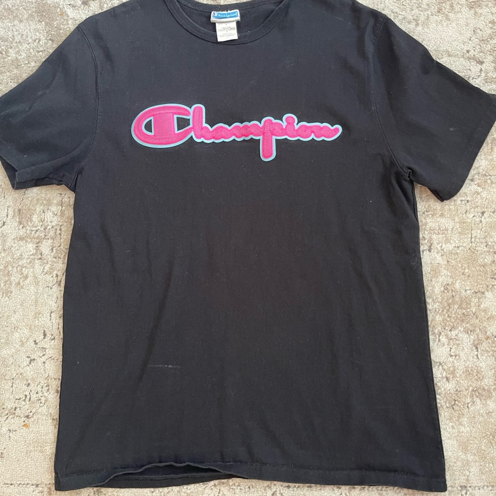Champion Men’s Size L Black T-Shirt with Pink and Blue Logo